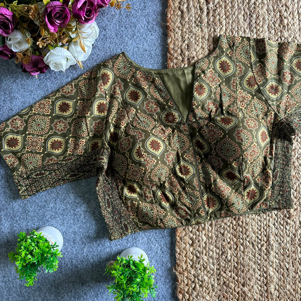 Ajrakh Print Ready Made Blouse –  Olive Green