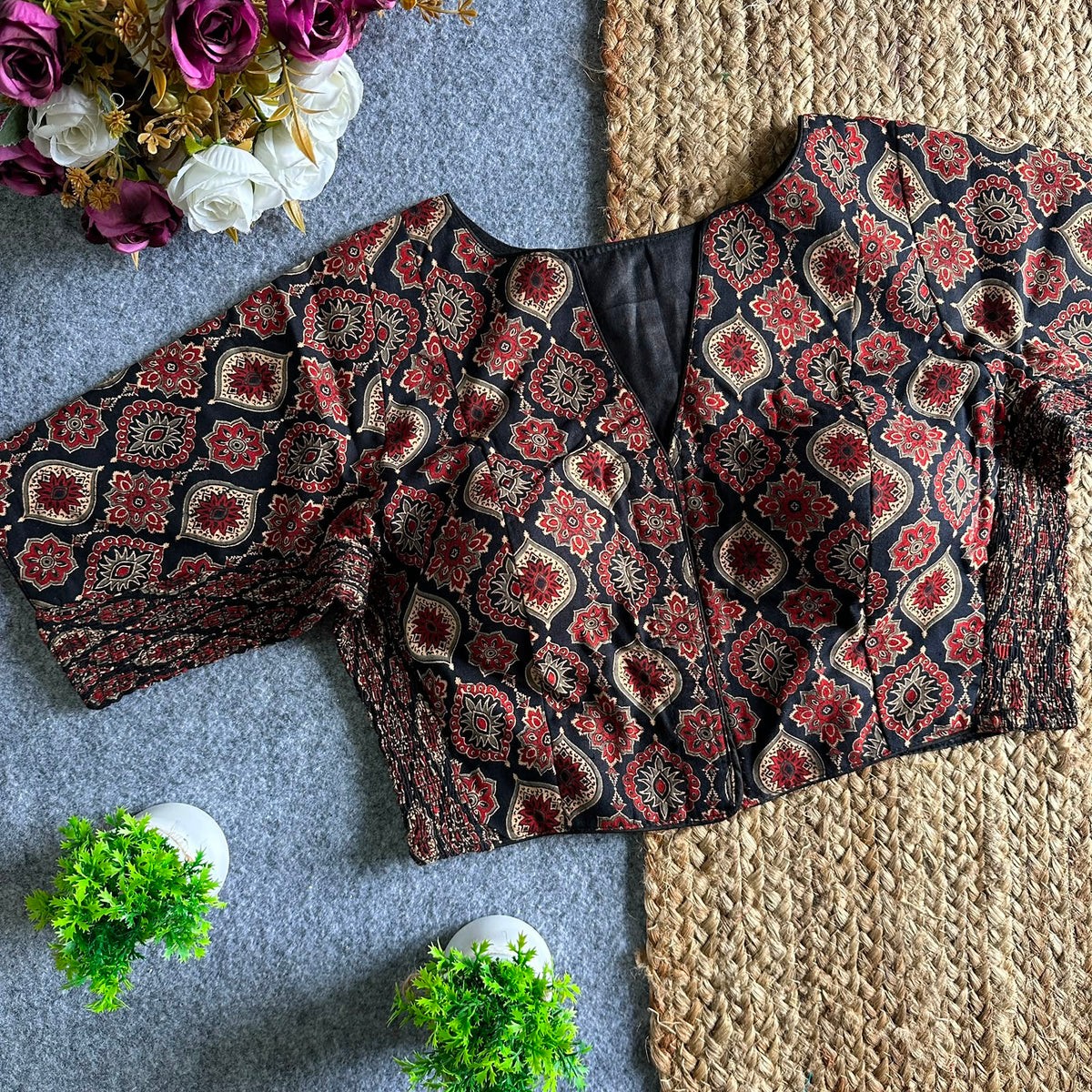 Ajrakh Print Ready Made Blouse – Black