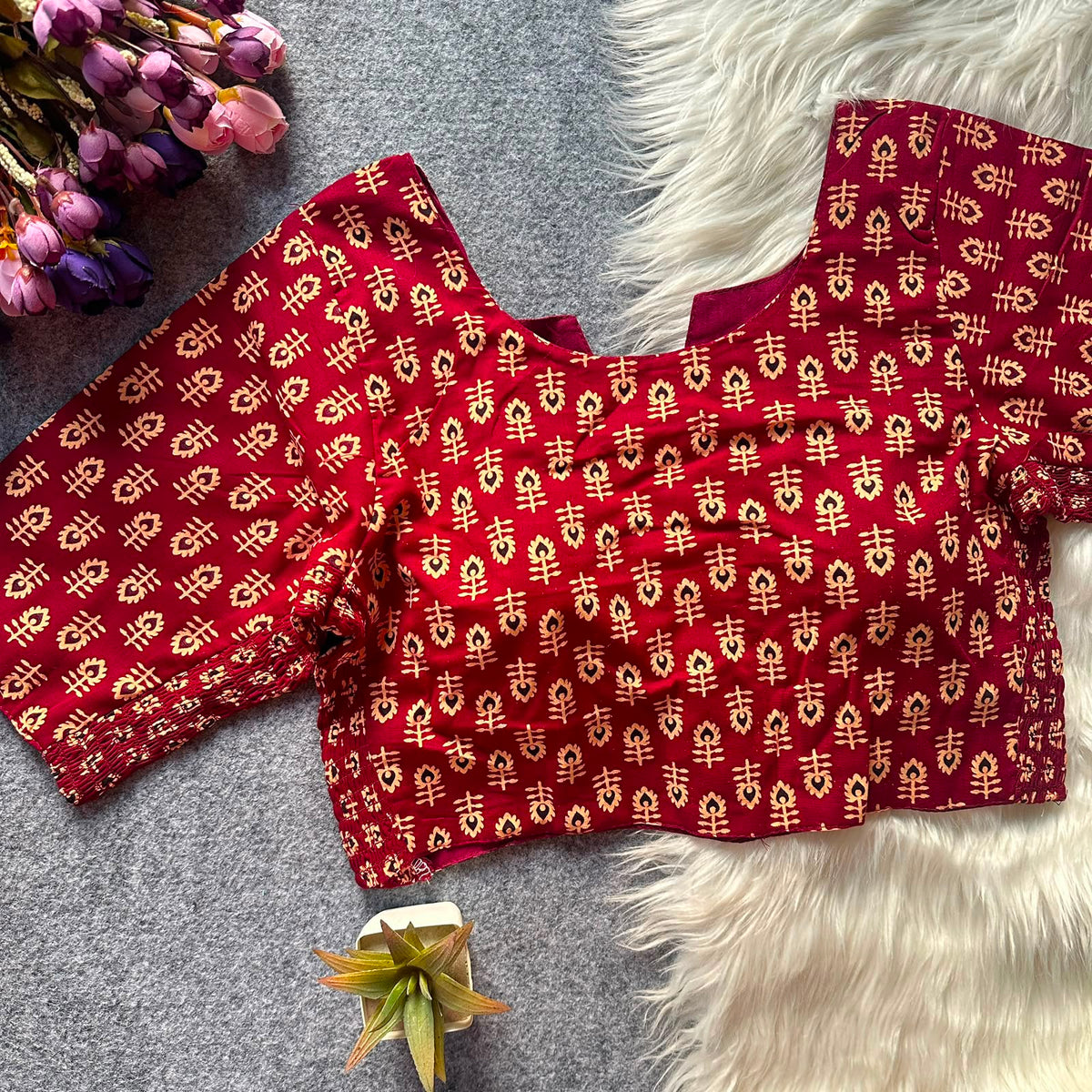 Ajrak Print Elastic Blouse - Maroon Color