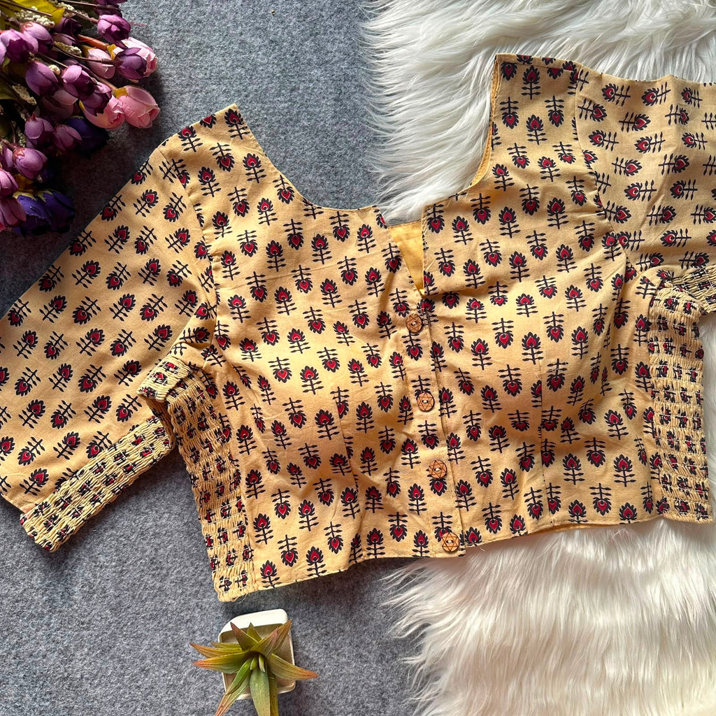 Ajrak Print Elastic Blouse - Mustard Beige Color