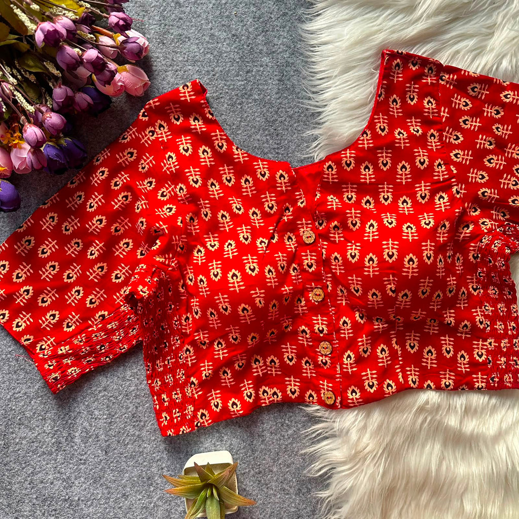 Ajrak Print Elastic Blouse - Red Color