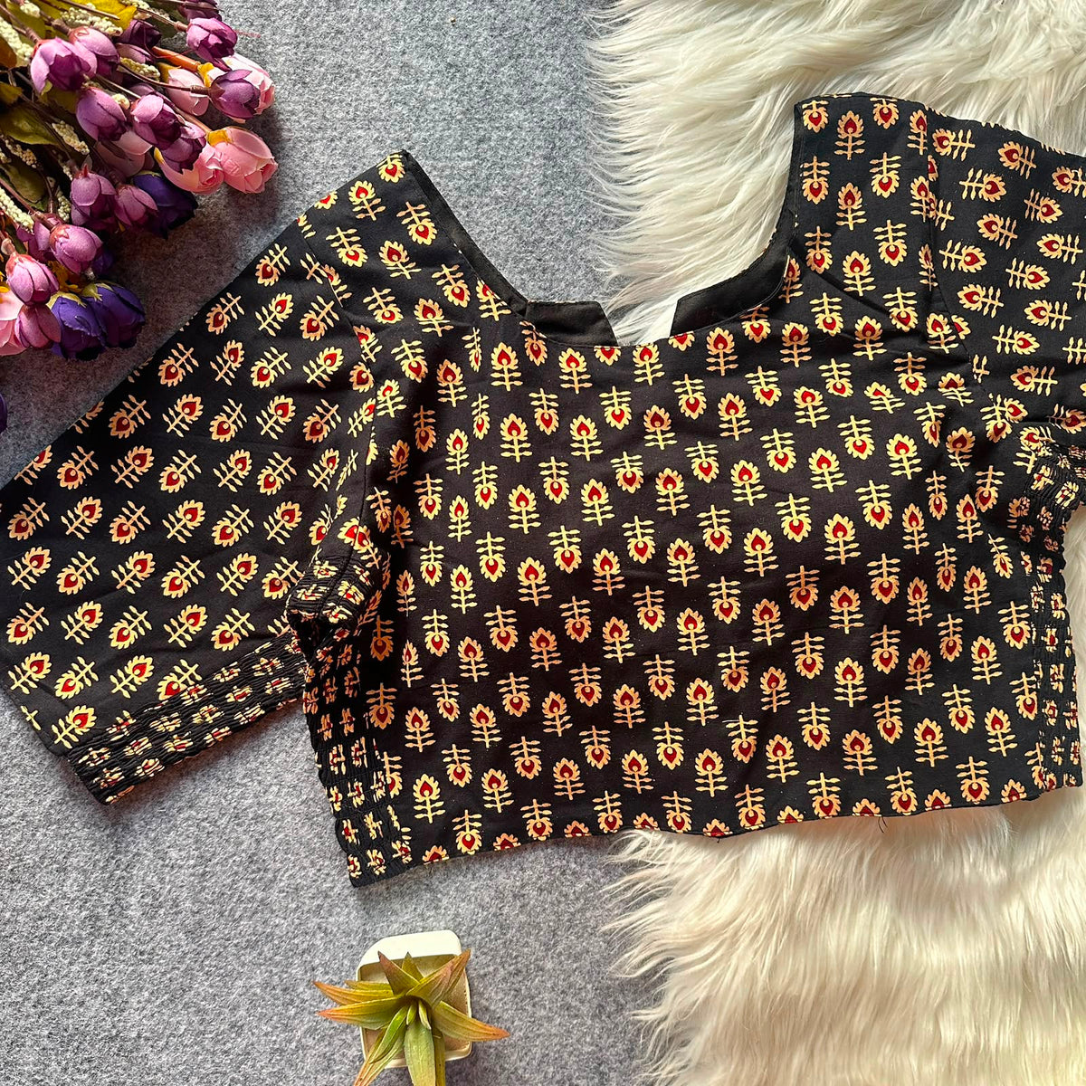 Ajrak Print Side Elastic Blouse - Black Color