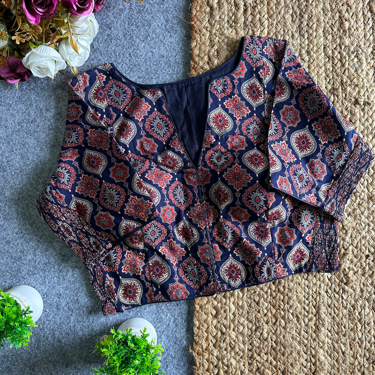 Ajrakh Print Navy Blue Cotton Blouse