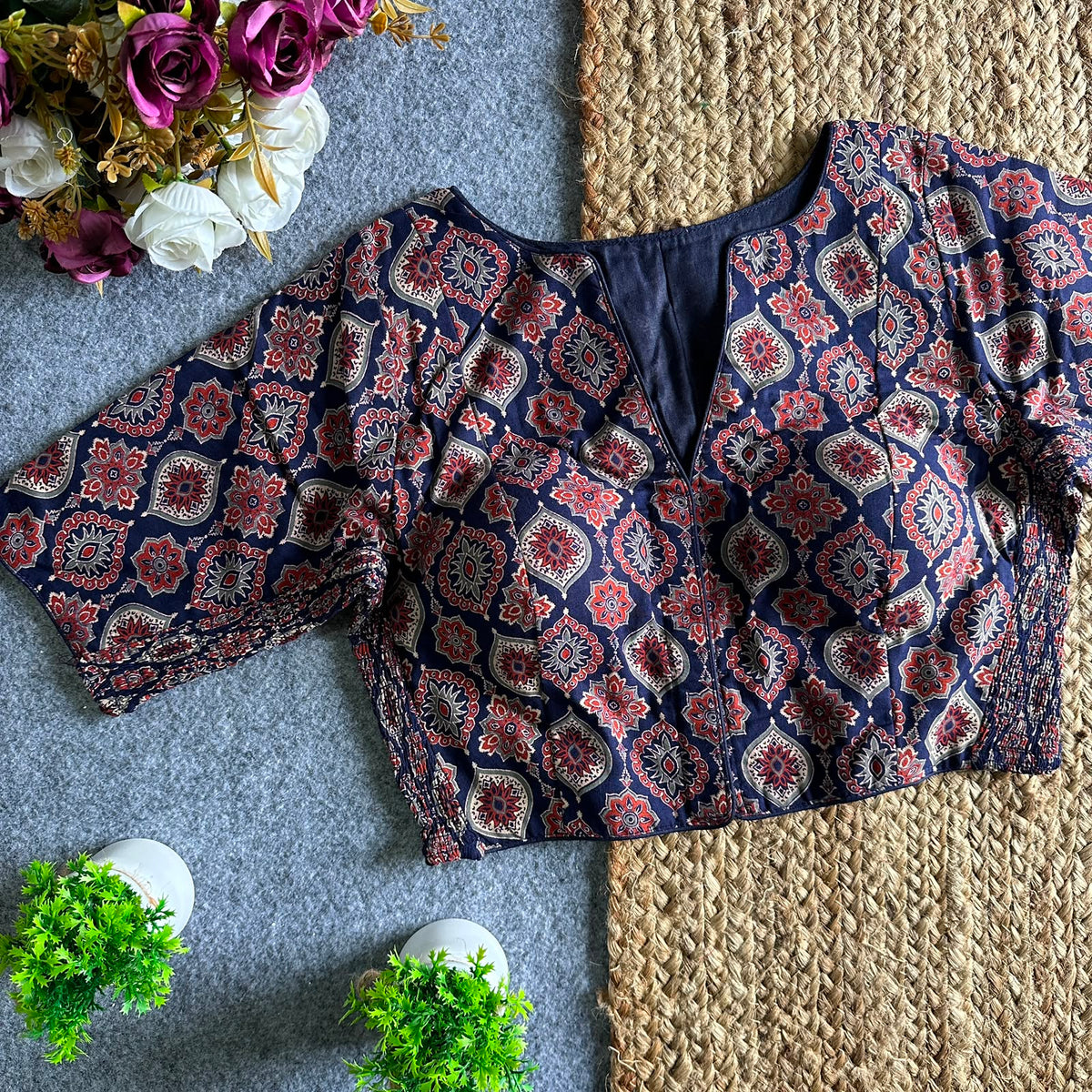 Ajrakh Print Navy Blue Cotton Blouse