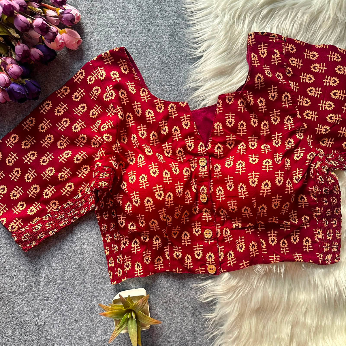 Ajrak Print Elastic Blouse - Maroon Color